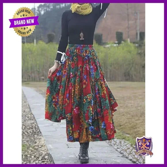 Elastic Waist A-Line Maxi Skirt Cotton Lined Pleated Retro Style